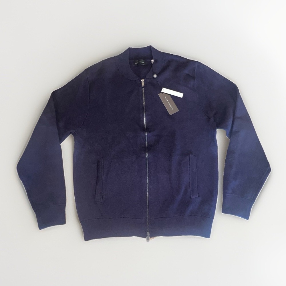 Elie Tahari Mens Full-Zip Knit Bomber Cardigan Navy Blue Large ETR44405M NWT - Picture 4 of 8